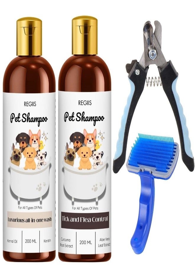 مجموعة ريجيس للعناية بالحيوانات الأليفة مع شامبو لمكافحة القراد والبراغيث، مقص أظافر احترافي، فرشاة سيليكون، 200 مل من مجموعة غسيل الحيوانات الأليفة الفاخرة المتكاملة (عبوة من 4 قطع) - Image 1